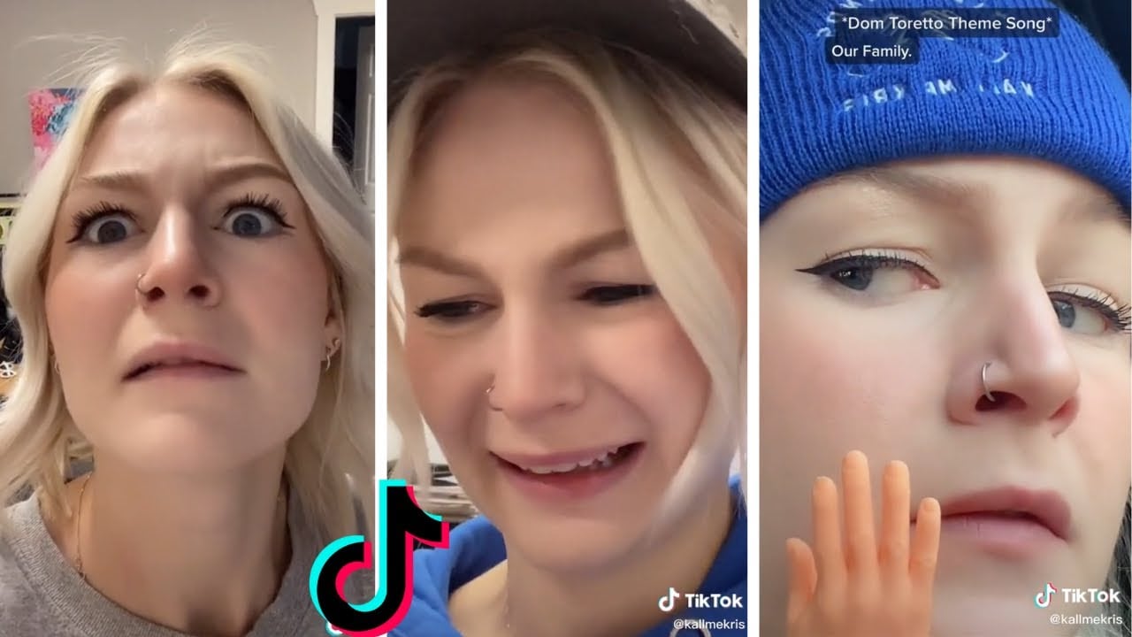 A collage of three close-up shots of a woman with blonde hair and a nose ring, each showing different facial expressions: surprised, crying, and serious while wearing a blue beanie. The TikTok logo is visible.