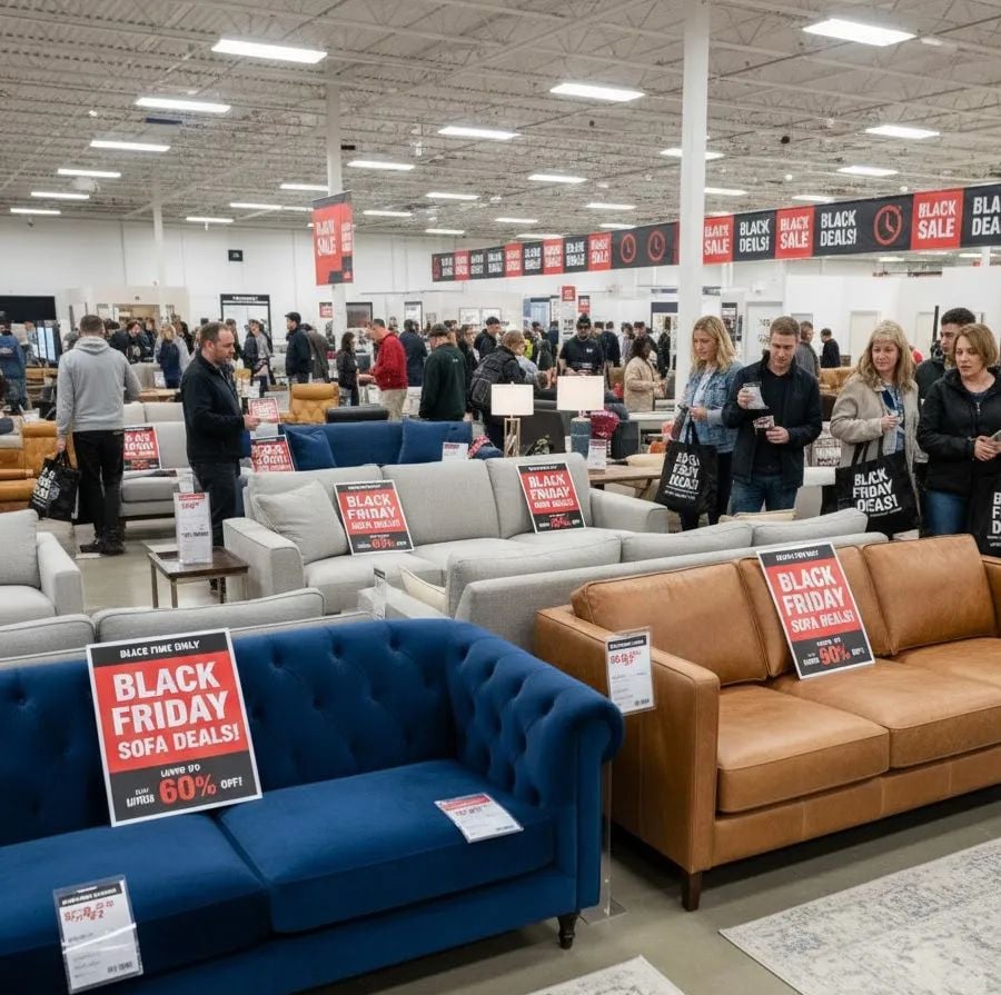 A busy furniture store with many shoppers browsing sofas during a Black Friday sale. Red and black sale signs are displayed on sofas and hanging from the ceiling, advertising discounts of up to 60% off.