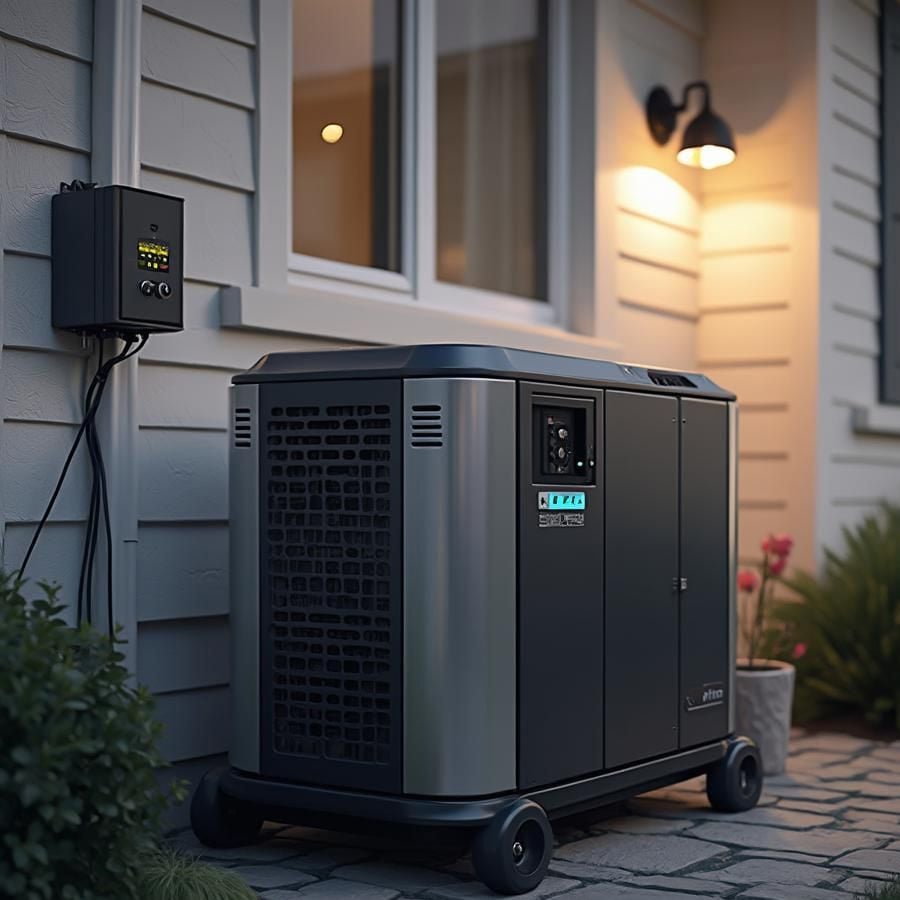 A modern backup generator sits on a stone patio outside a house at dusk, connected to a control panel on the wall with a warm porch light illuminating the scene.
