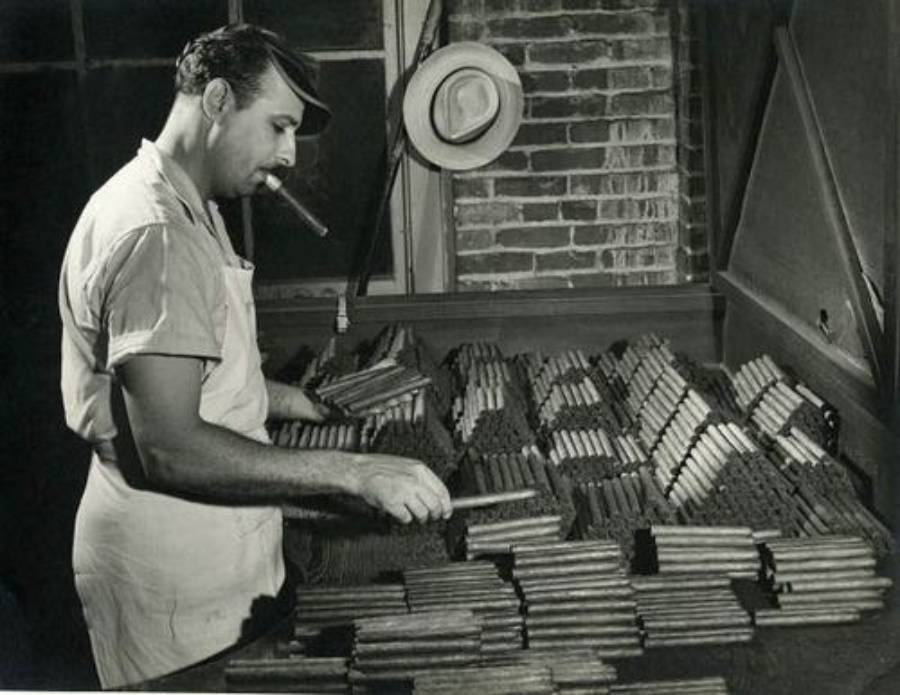 A man with a cigar in his mouth arranges rows of cigars on a table in a workshop with brick walls. A hat hangs on a hook above him, and sunlight streams through a window.