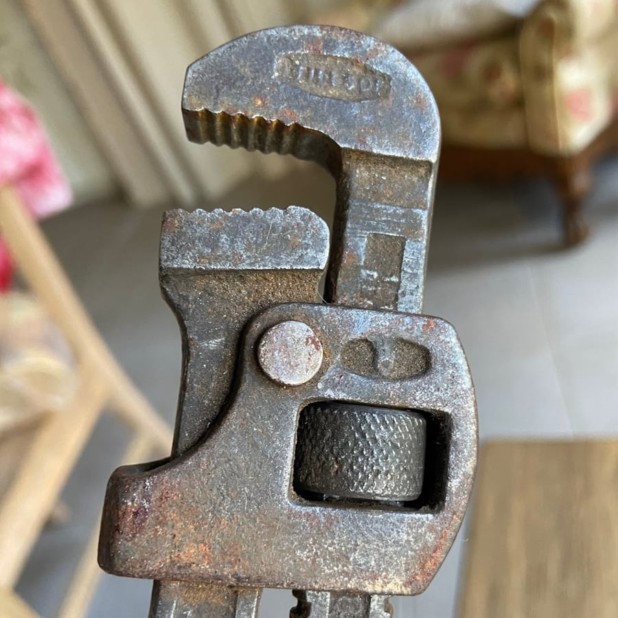 A close-up of a rusty adjustable pipe wrench, with worn teeth and a textured adjustment wheel, showing signs of age and use. The background is blurred, featuring indoor furniture.