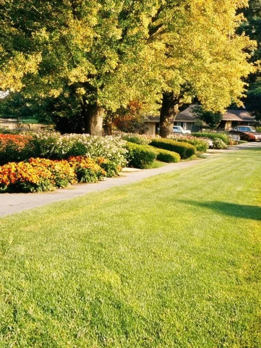 A well-maintained lawn with a sidewalk, colorful flower beds, and large leafy trees, with a house and cars partially visible in the background on a sunny day.