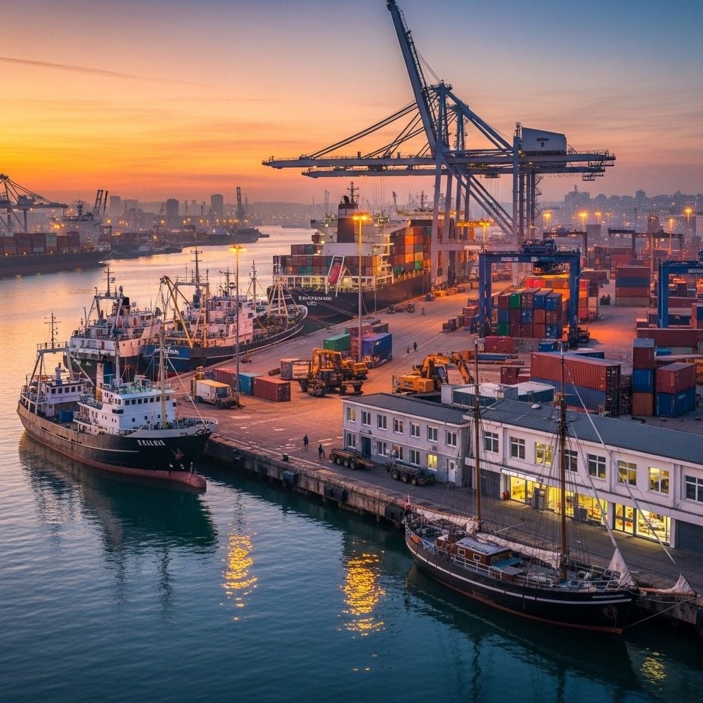 A busy port at sunset with large cranes, cargo containers, and several docked ships. The sky is orange and purple, and the lights around the port reflect on the calm water.