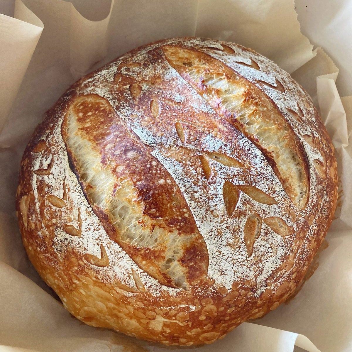 A round loaf of artisan bread with a golden, crusty surface, decorated with leaf-shaped scoring patterns, rests on parchment paper.