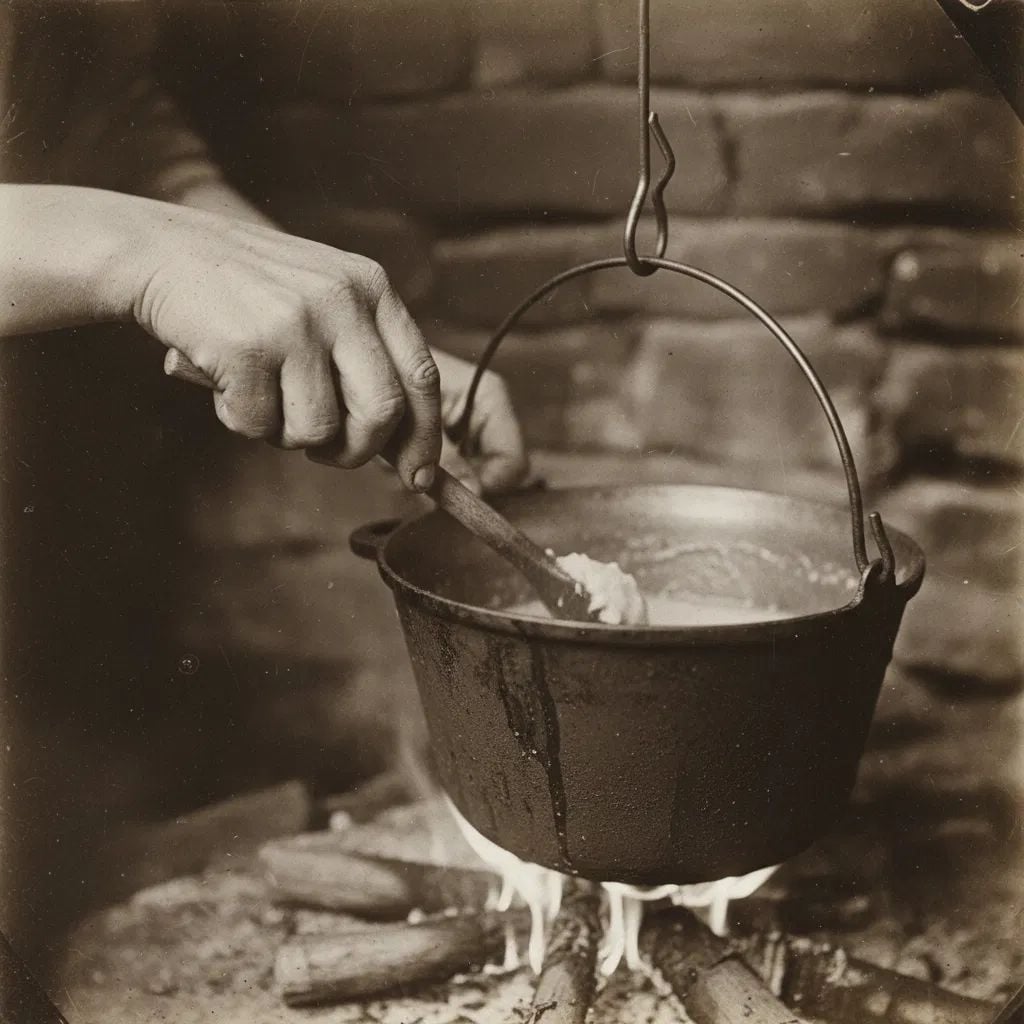 A person stirs food in a cast iron pot hanging over an open fire, with bricks in the background and logs burning beneath the pot.