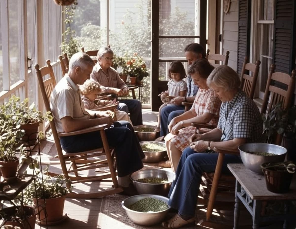 Six people of various ages sit in rocking chairs on a porch, shelling peas into large metal bowls. Potted plants surround them, and sunlight streams through windows, creating a warm, communal atmosphere.