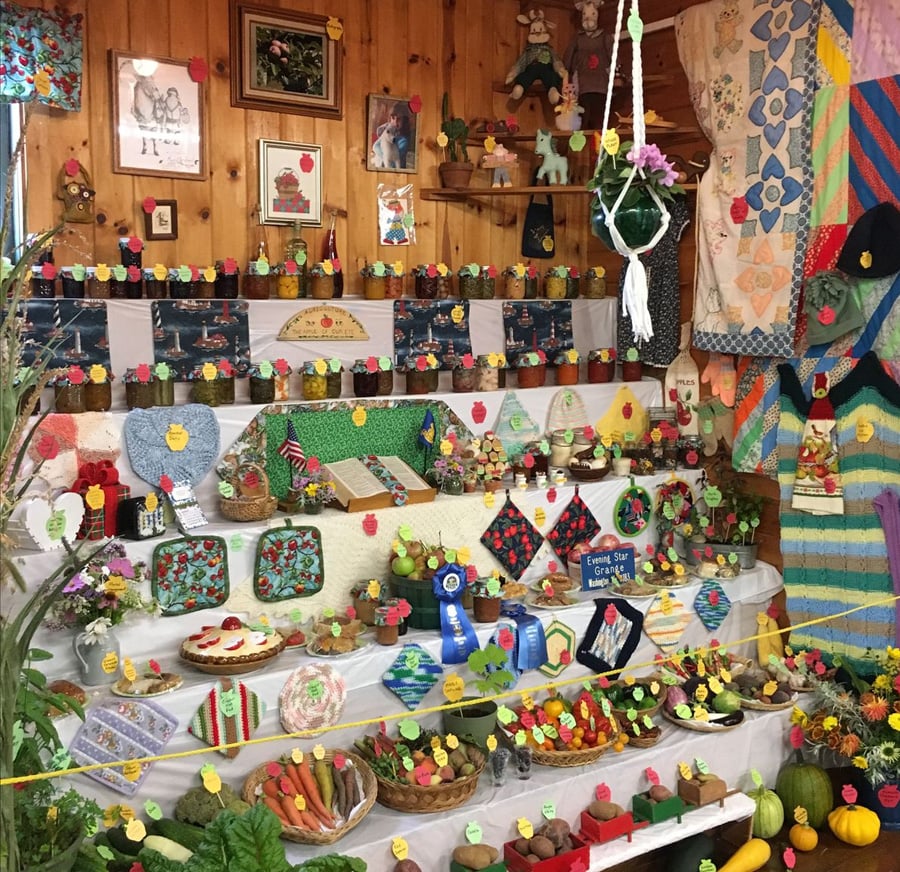 A display of handmade crafts, quilts, produce, and preserves arranged on shelves in a wooden room. Colorful ribbons and tags decorate each item, with framed artwork and textiles hanging on the walls.