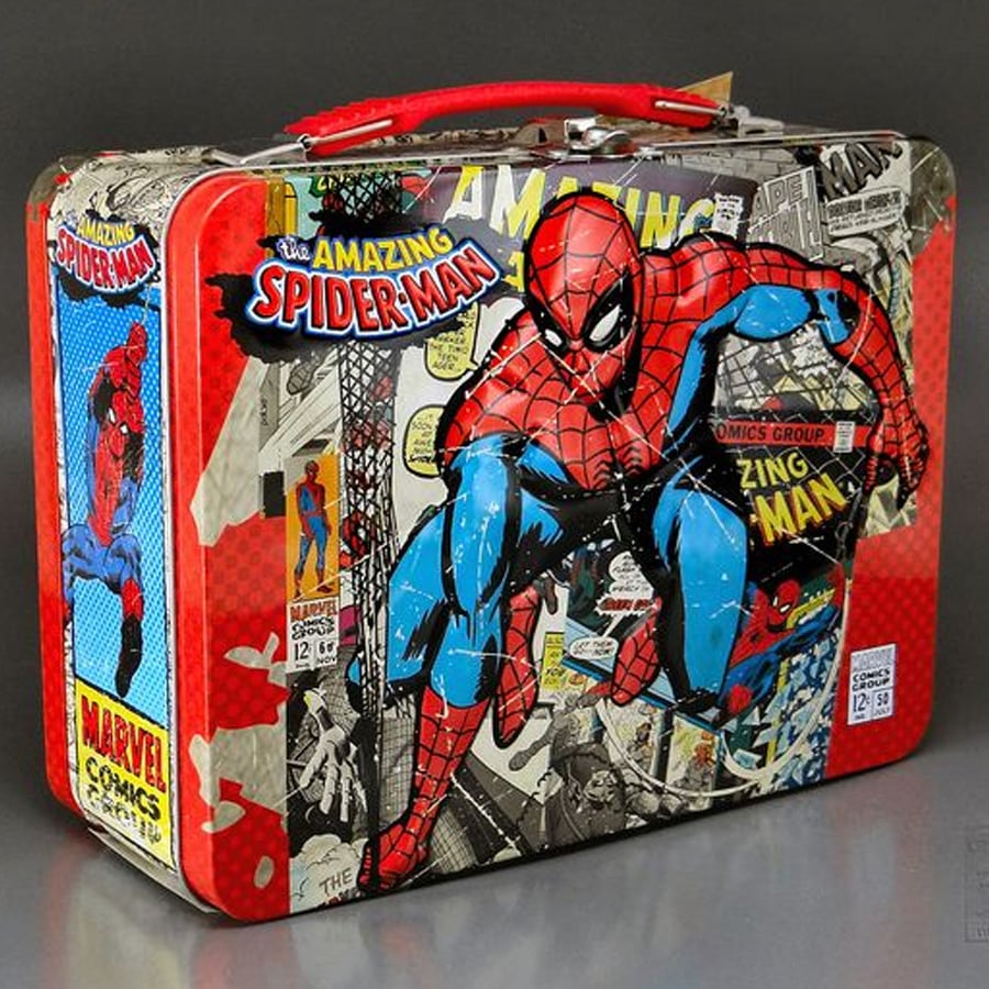 A rectangular metal lunchbox featuring colorful Spider-Man comic art, including Spider-Man swinging and classic comic panels, with a red handle and Marvel Comics logos.