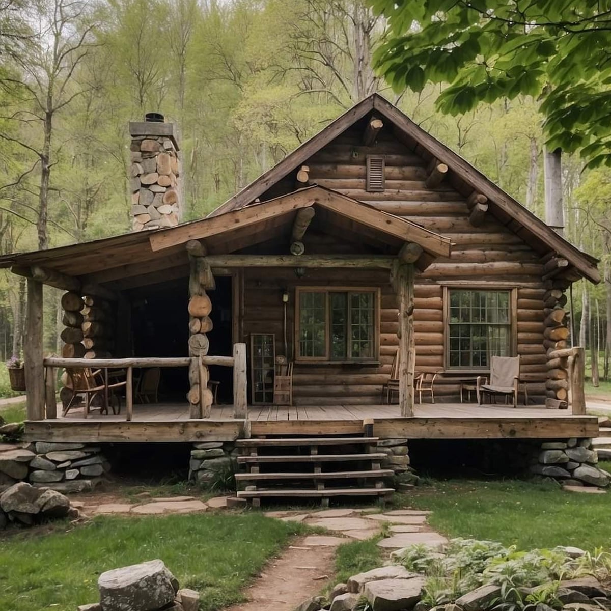 A rustic log cabin with a stone chimney and covered porch sits among tall trees and green grass, surrounded by nature on a peaceful day.