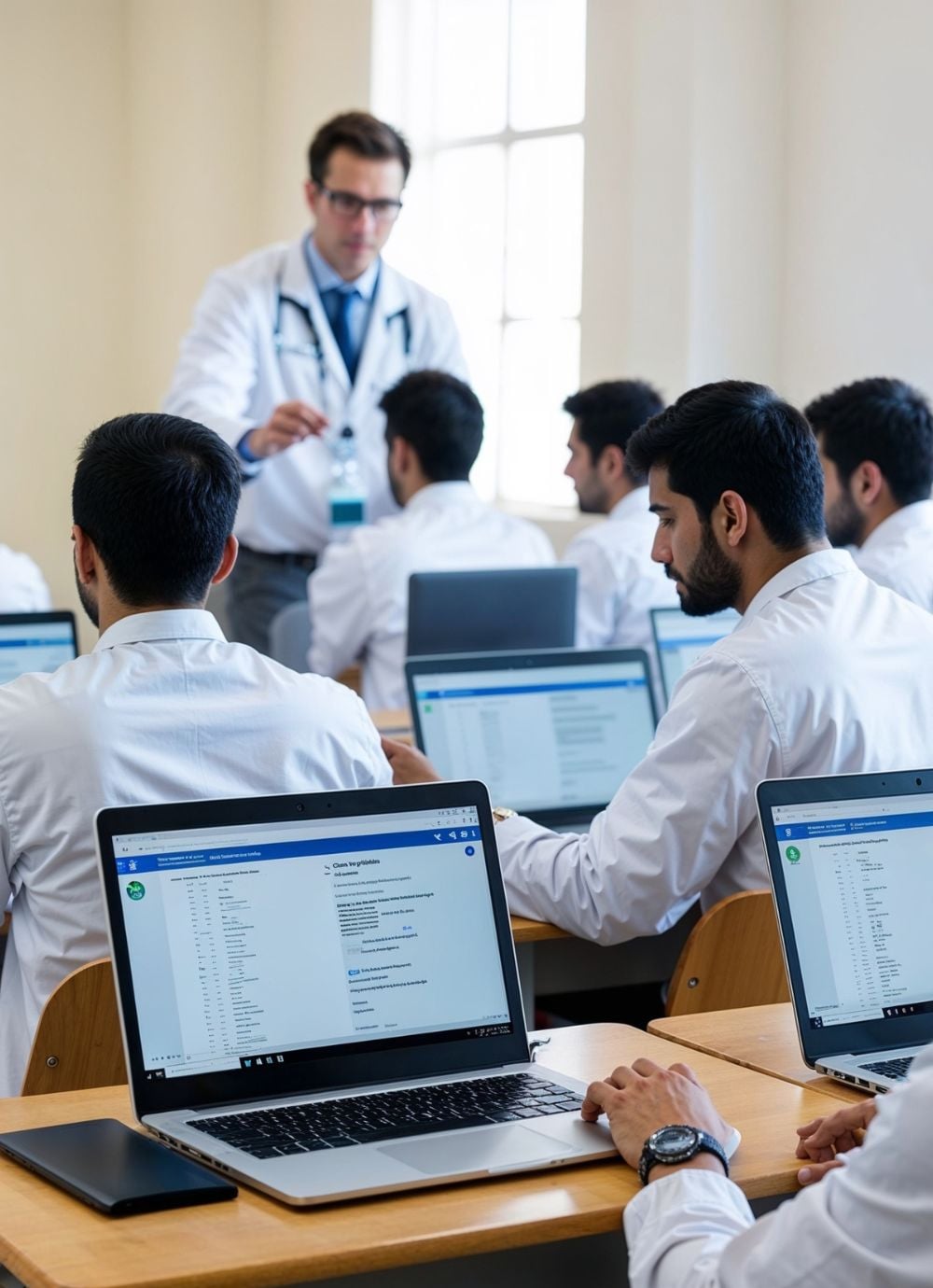 Medical students in white coats sit at desks with open laptops in a classroom, focusing on a lecture given by a teacher in a white coat, who stands at the front near a window.