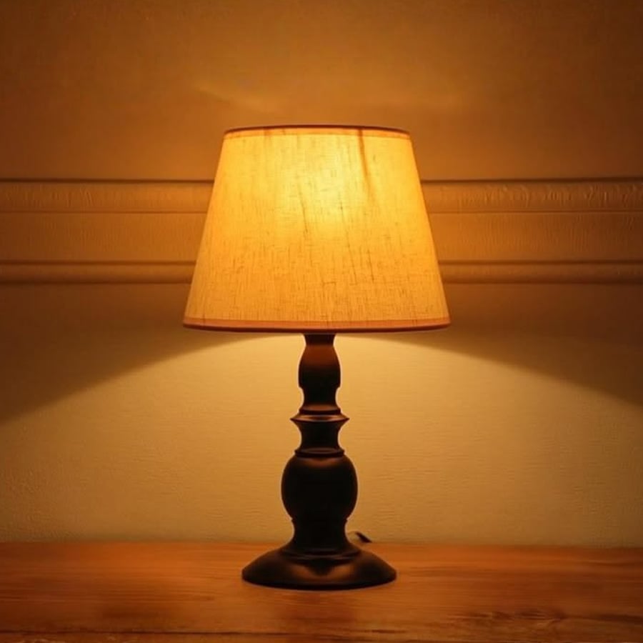 A lit table lamp with a beige lampshade and a dark, ornate base sits on a wooden surface, casting a warm, soft light against a cream-colored wall.