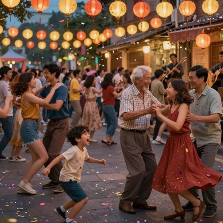 People of all ages joyfully dance together under colorful lanterns at an outdoor festival, with confetti in the air and a live band playing in the background. The atmosphere is lively and festive.