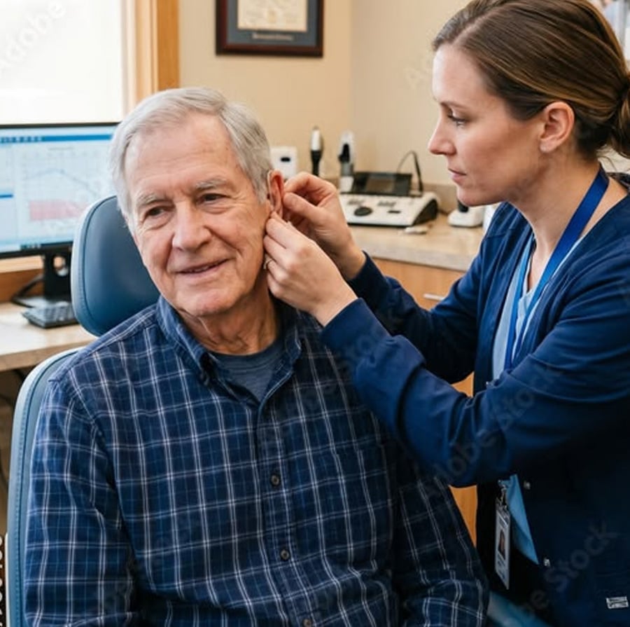 A female audiologist fits a hearing aid for an older man who is sitting in a clinic. The man is smiling, and audiology equipment is visible in the background.