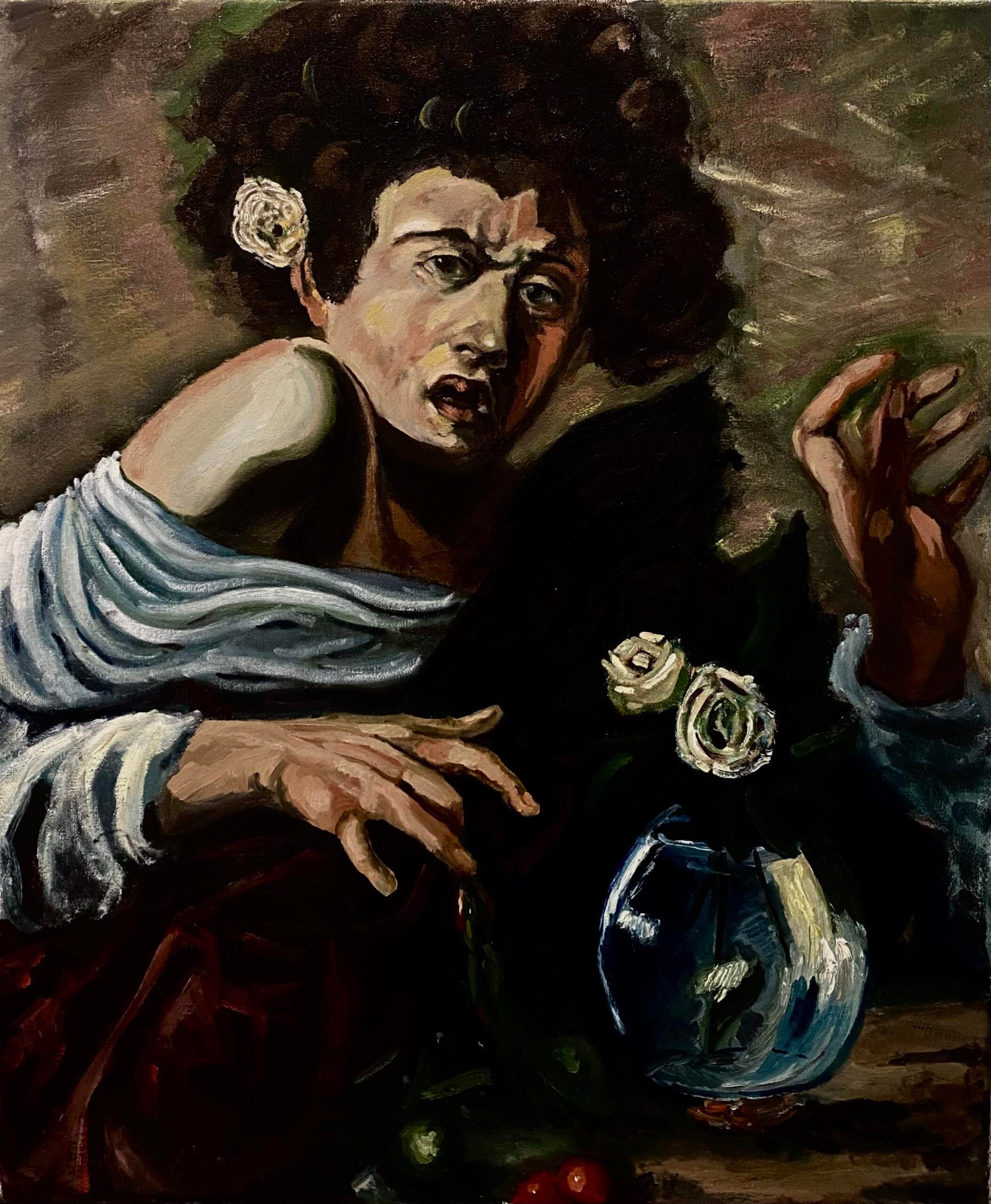A painting of a curly-haired person with an expressive, startled face, wearing a loose white garment. One hand is raised, the other rests near a vase with white roses and a small fish inside. The background is dark and textured.