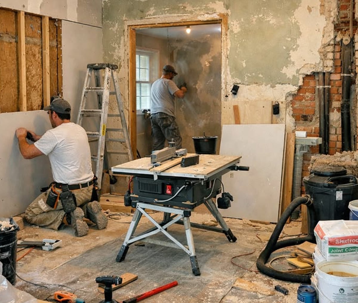 Two workers renovate a room with exposed walls and construction materials scattered around. One kneels installing drywall, while the other sands a wall near a doorway. Tools and equipment are visible throughout the messy space.