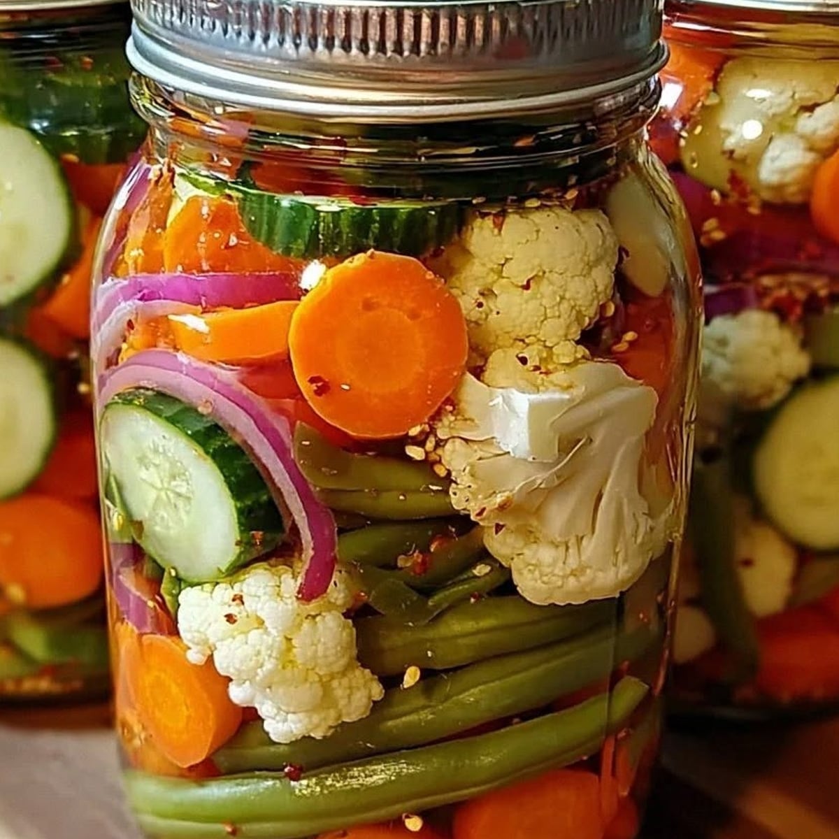 A close-up of a glass jar filled with assorted pickled vegetables, including cauliflower, carrots, green beans, cucumber slices, and red onion, seasoned with visible red pepper flakes.