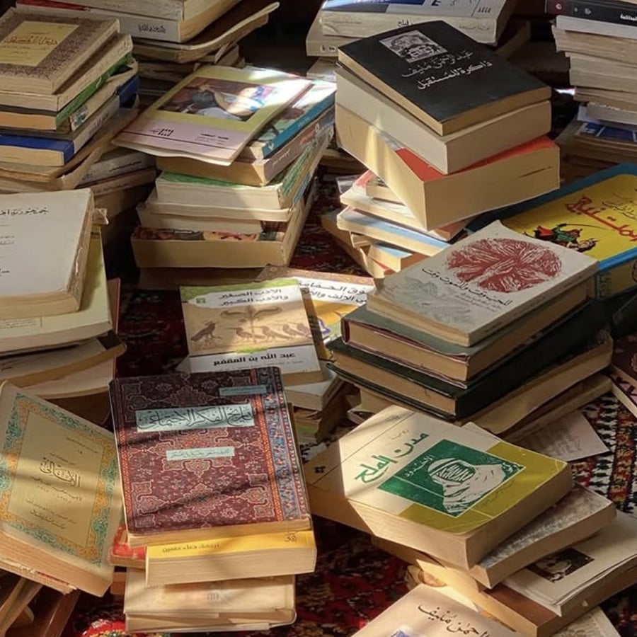 Stacks of various books, many with Arabic covers and text, are scattered across a surface, some open and some closed, with sunlight casting shadows over the scene.