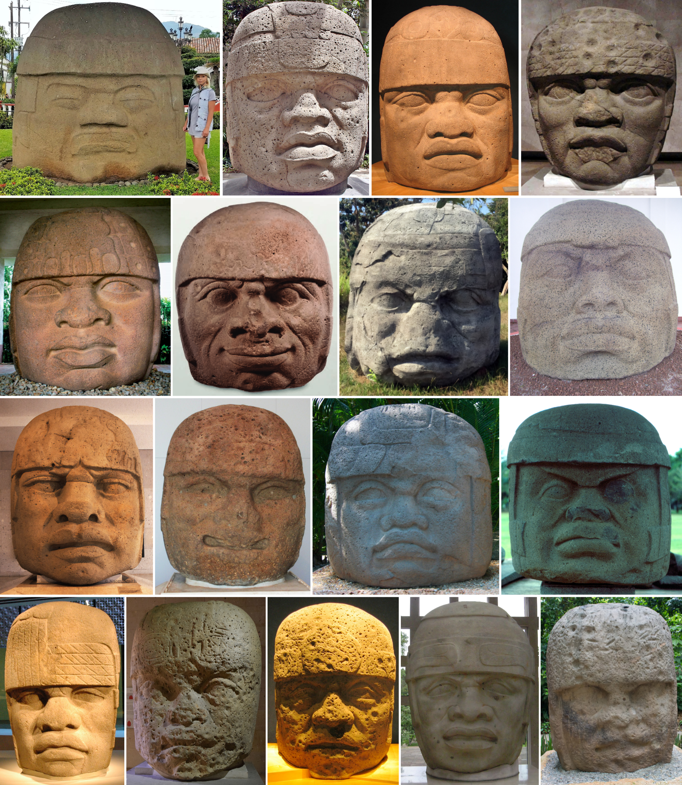 Collage of 17 colossal Olmec stone heads, each with distinct facial features and helmet-like headgear, displayed in various outdoor and museum settings; a person stands beside the first head for scale.