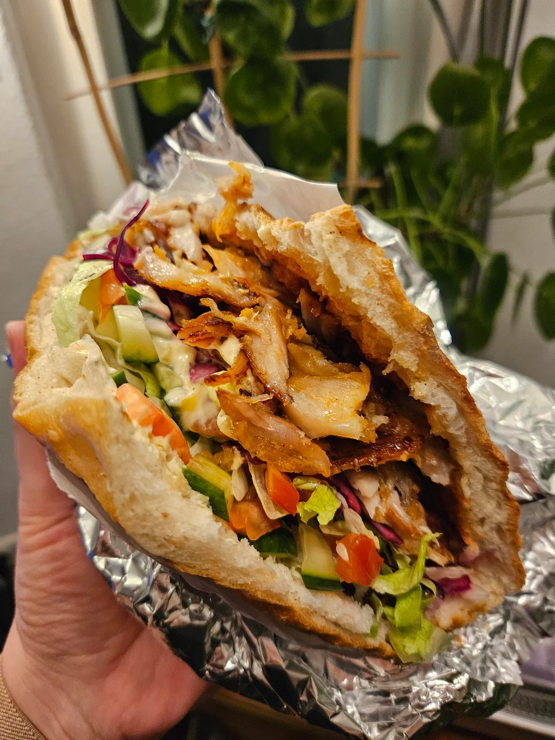 A hand holds a döner kebab filled with sliced meat, lettuce, cucumber, tomato, and red cabbage in crispy bread, wrapped partially in foil. Green plants and a window are visible in the background.