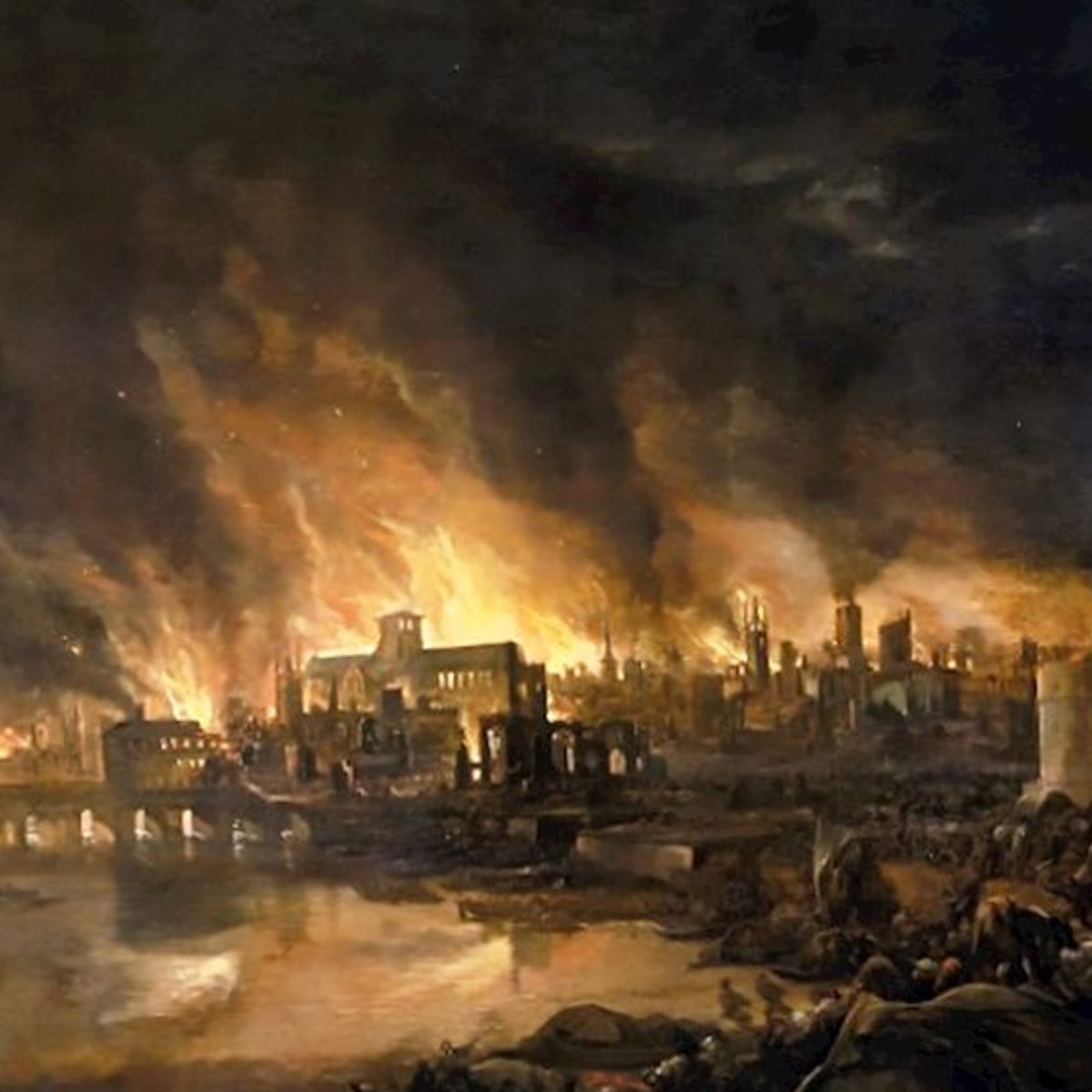 A city is engulfed in flames at night, with buildings burning, smoke rising into a dark sky, and their reflections visible in the water below. Rubble and devastation surround the scene.