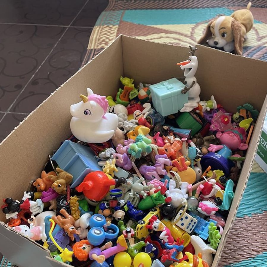A cardboard box filled with assorted colorful plastic toys, including a unicorn, Olaf from Frozen, and various animals and characters. A plush dog toy lies on the woven mat nearby.