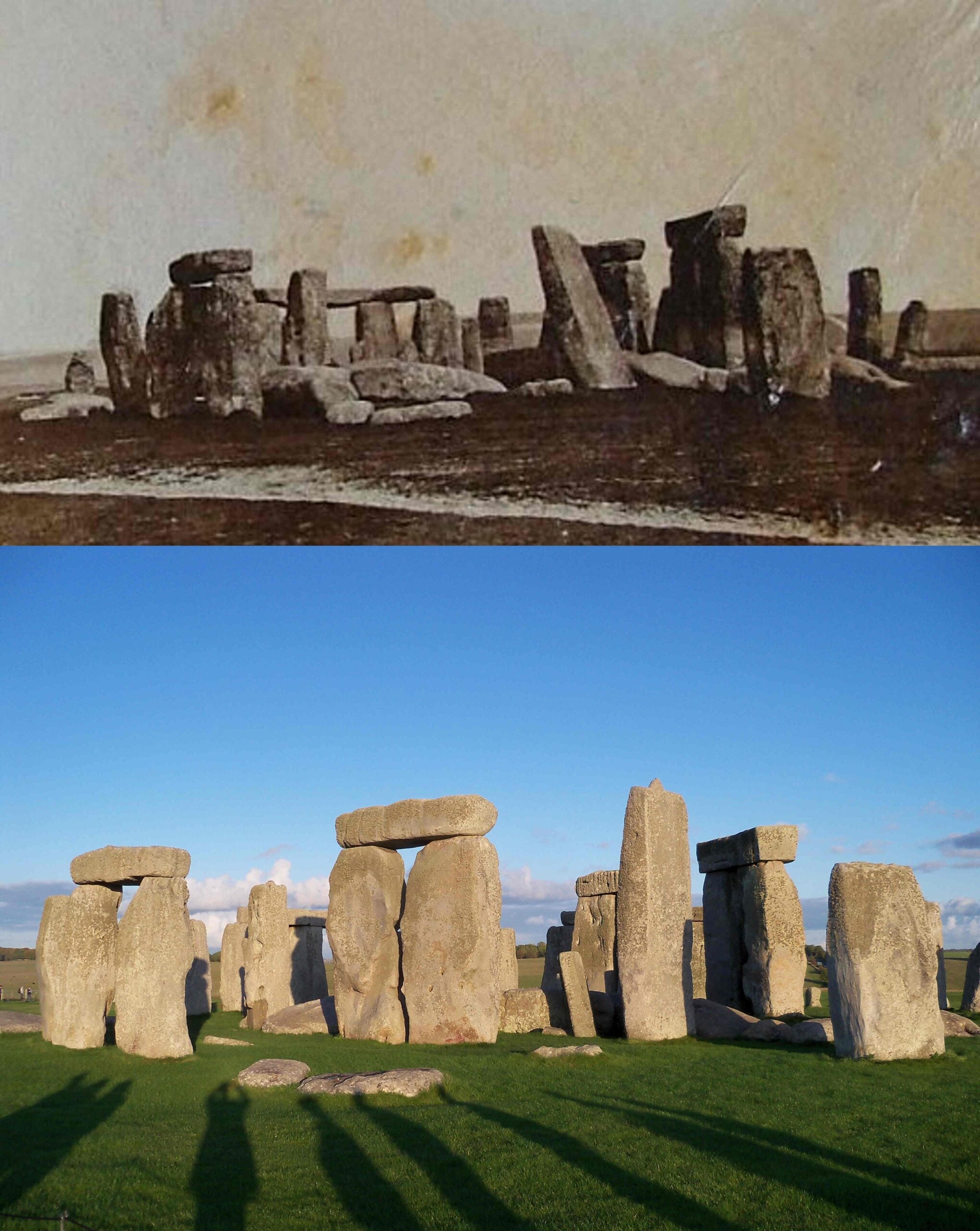 A split image shows Stonehenge: the top half is an old, sepia-toned photo with fallen stones, while the bottom half is a modern color photo with restored, upright stones under a blue sky.