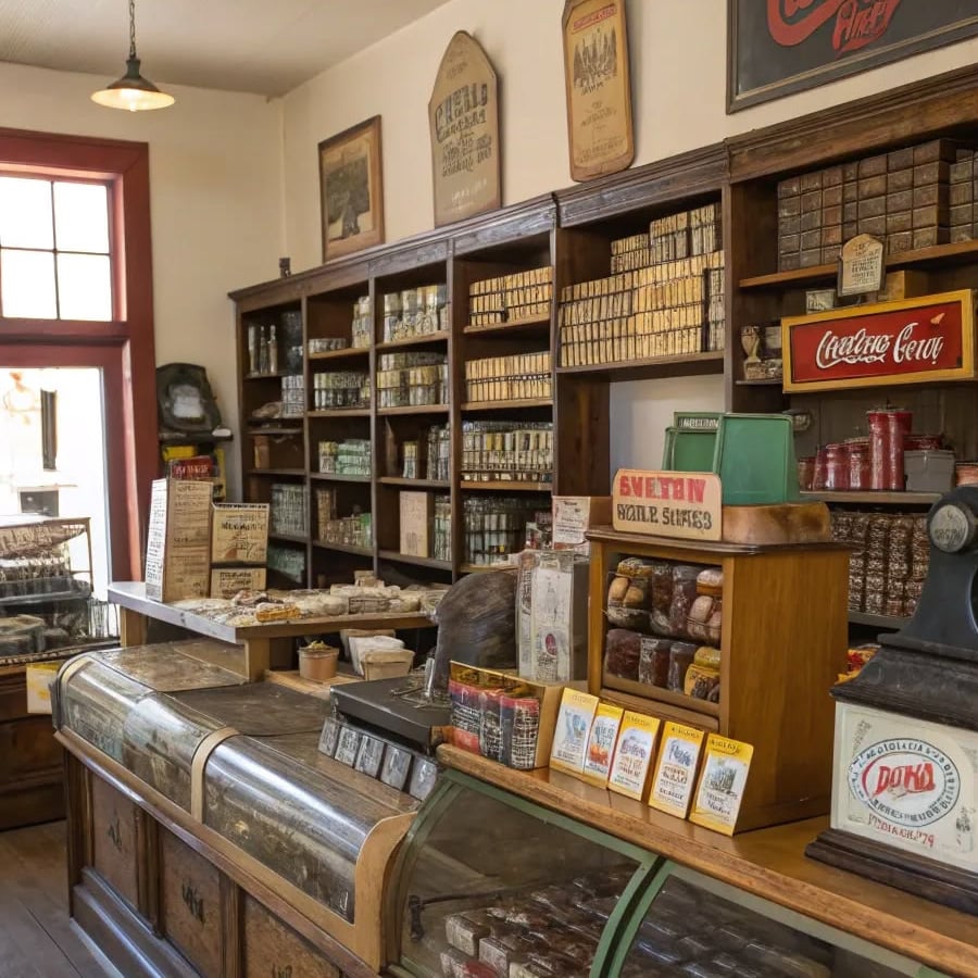 A vintage general store interior with wooden shelves filled with various goods, tins, and boxes. Glass display cases hold candies and baked items. Signs and advertisements decorate the cozy, well-lit space.