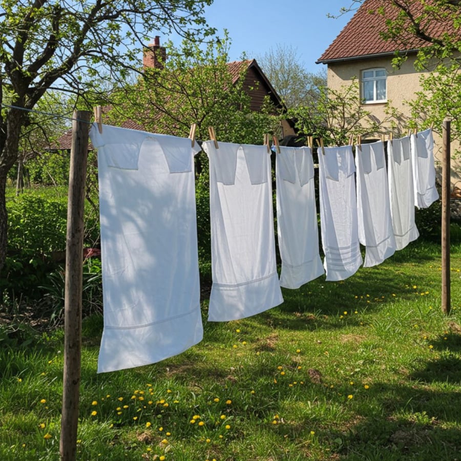 White sheets hang on a clothesline outdoors, drying in the sun amid green grass and trees. A house with a red-tiled roof is visible in the background under a clear blue sky.