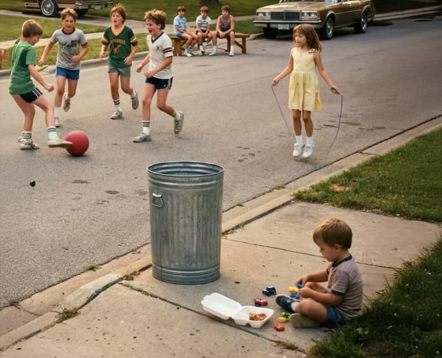 A group of kids play kickball in the street, while a girl in a yellow dress jumps rope and a young boy sits on the sidewalk with toy cars and food next to a metal trash can. A car and kids sit on a bench in the background.