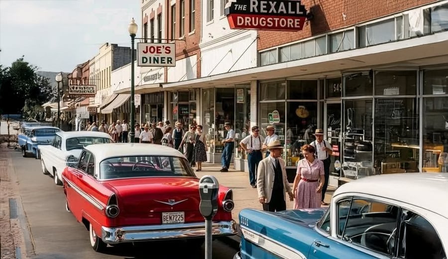 A busy 1950s street scene shows vintage cars parked along the curb, people walking on the sidewalk, and storefronts including a drugstore, Joe’s Diner, and other small shops under bright daylight.