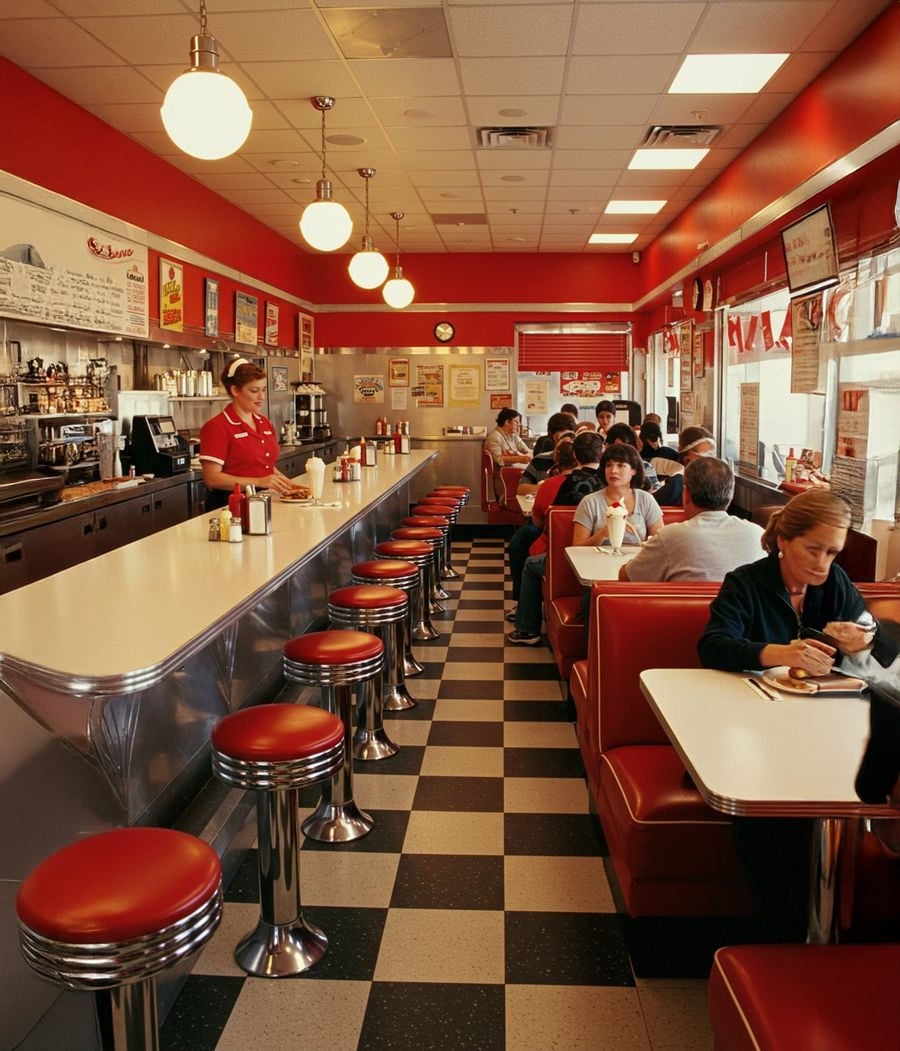 A retro-style diner with black-and-white checkered floors, red stools at a counter, and red booths. People are eating and chatting, while a server in a red uniform stands behind the counter. Bright lights hang from the ceiling.