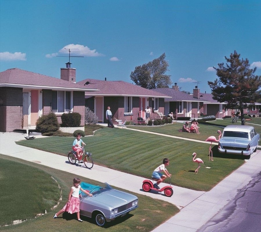 A 1960s suburban neighborhood with children playing on the sidewalk and lawns, riding toy cars and bikes. Adults stand nearby. Pink plastic flamingos decorate the grass. Classic cars are parked along the street.