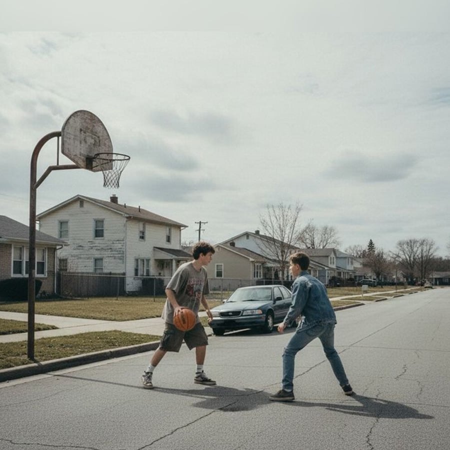 Two teenagers play basketball on a quiet suburban street, using a hoop set up at the edge of the road. Houses and parked cars line the street under an overcast sky.