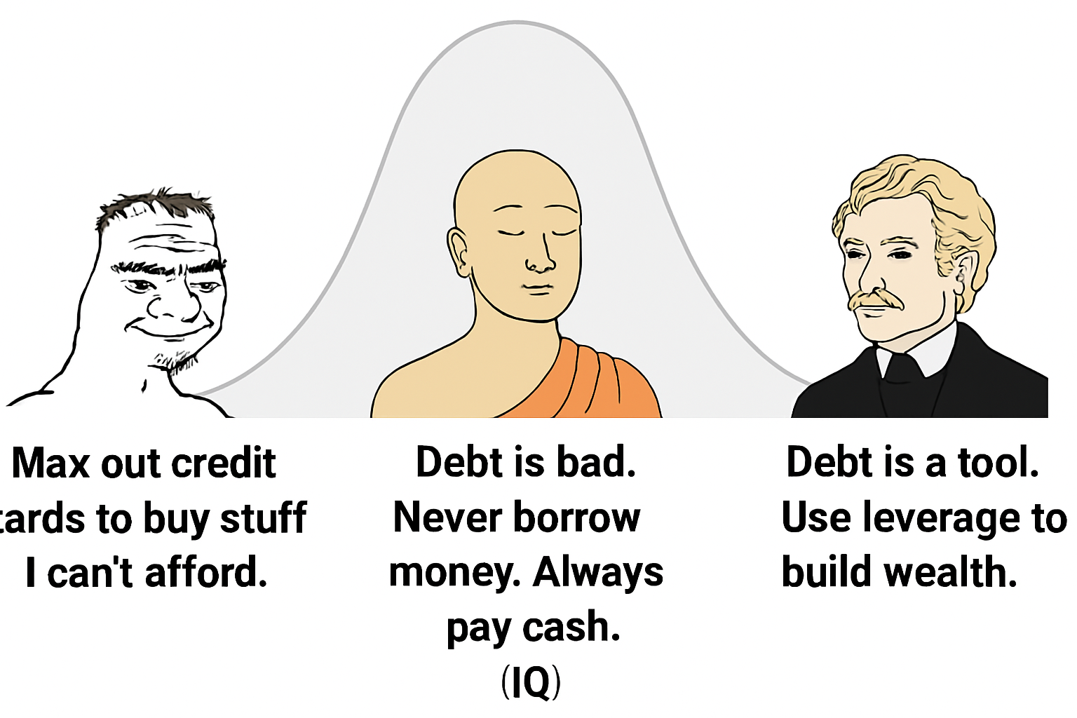 Three characters with a bell curve behind them. Left: "Max out credit cards to buy stuff I can't afford." Center: "Debt is bad. Never borrow money. Always pay cash." Right: "Debt is a tool. Use leverage to build wealth.