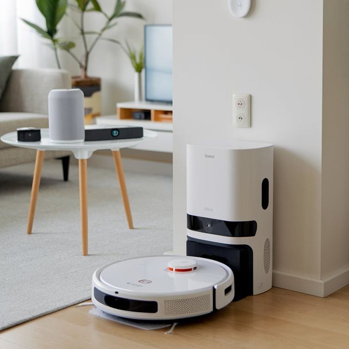 A white robot vacuum is docked at its charging station near a wall in a modern living room with a round table, a speaker, a TV, and green plants in the background.