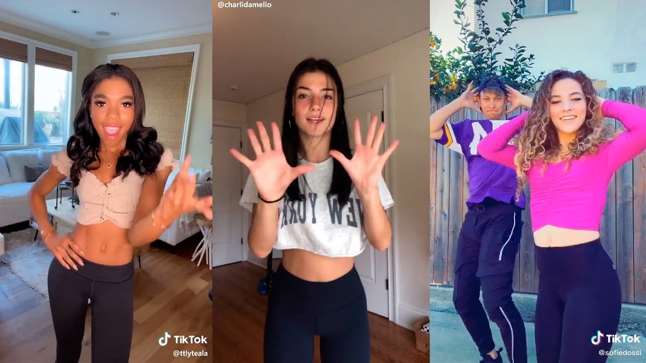 Three young people in athletic outfits perform TikTok dance moves in separate indoor and outdoor locations, each posing with their hands up or making expressive gestures.