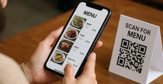 A person holds a smartphone displaying a digital restaurant menu with food photos and prices. Next to them is a table tent with a QR code and the text "SCAN FOR MENU.