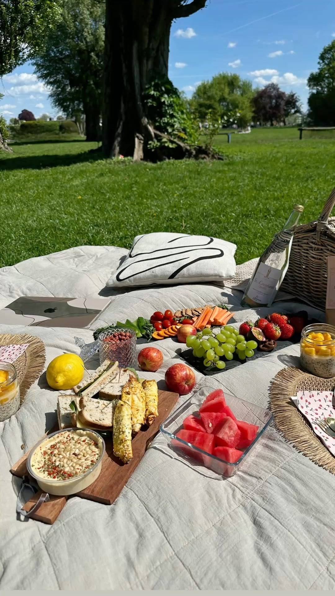 A picnic setup on a blanket in a sunny park with fruit, breadsticks, hummus, cheese, veggies, drinks, and snacks. A basket, napkins, and cutlery are arranged nearby. Trees and grass are visible in the background.