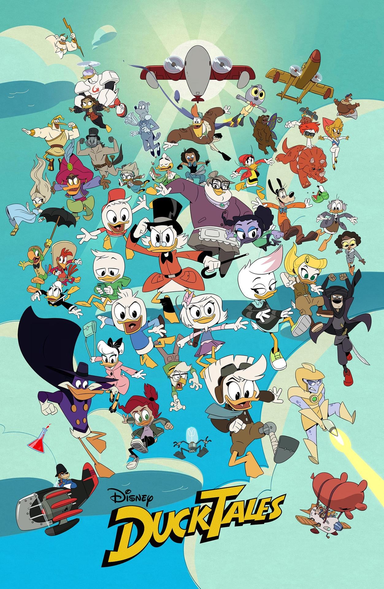 A colorful poster featuring various animated characters from the Disney DuckTales series, including ducks in adventurous poses, planes, and the DuckTales logo at the bottom. The background suggests sky and clouds.
