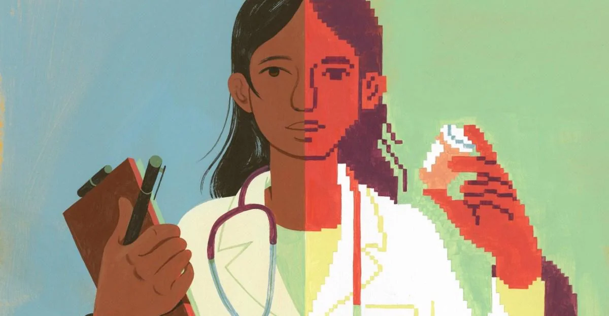 Illustration of a woman split in half: one side realistic, holding a clipboard and pens, wearing a stethoscope; the other side pixelated, holding a pill bottle, with contrasting blue and green backgrounds.