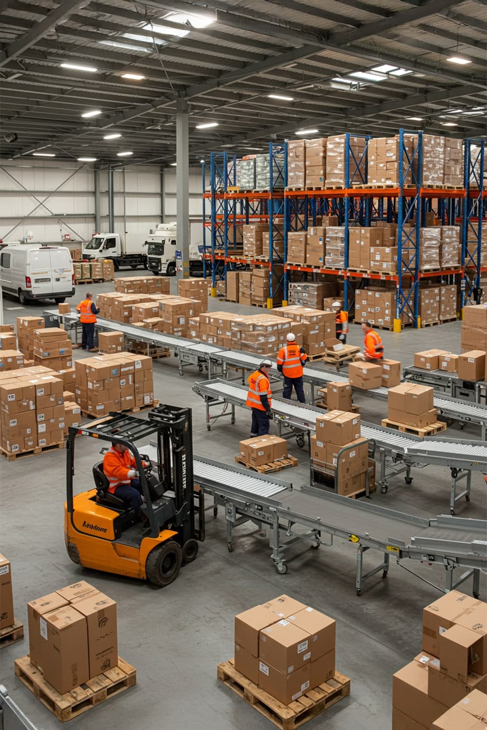 Warehouse workers in orange safety vests sort and move cardboard boxes on conveyor belts and shelves. A forklift driver transports boxes, and delivery vans are parked in the background. Stacks of boxes fill the spacious warehouse.