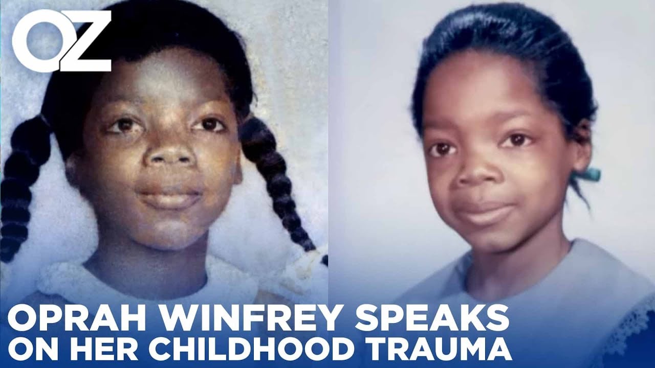 Side-by-side childhood photos of Oprah Winfrey with braided hair, both images featuring her smiling slightly. Text reads: "Oprah Winfrey speaks on her childhood trauma.