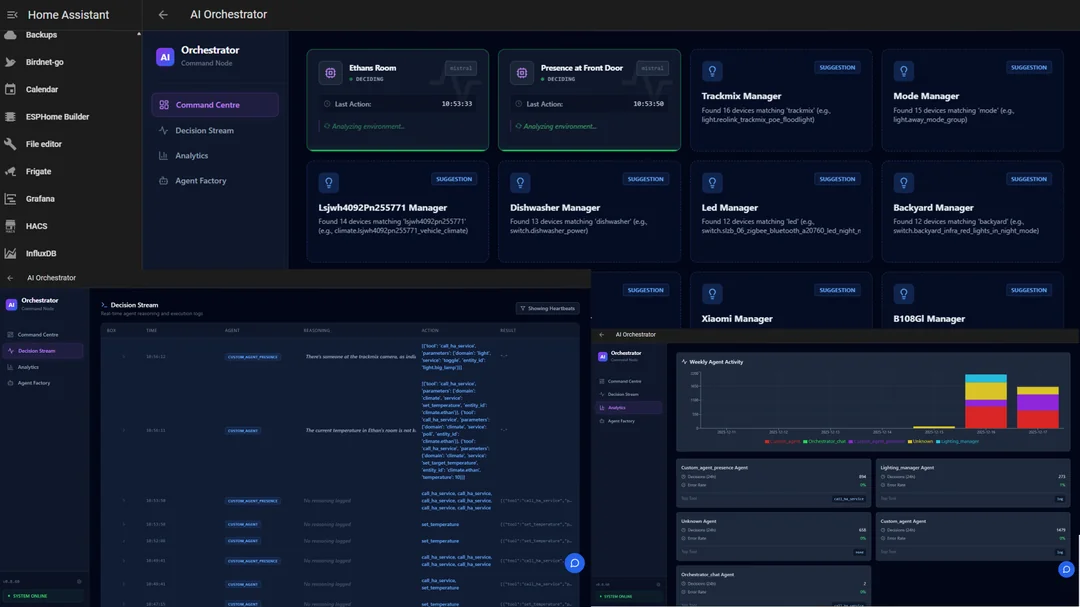 A dark-themed dashboard interface showing various smart home management panels, including device managers, statistics, menus on the left, and data visualizations such as graphs and tables on the right and bottom sections.