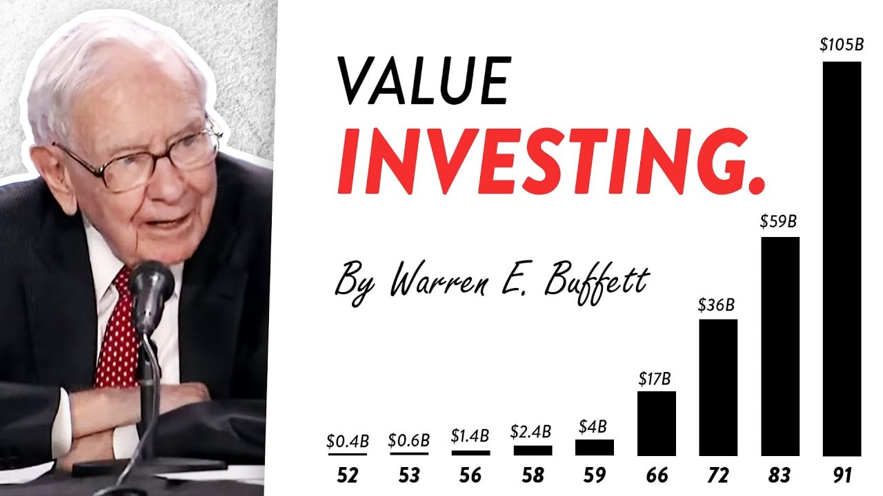 Warren Buffett speaks at a microphone. Beside him, bold text reads "Value Investing. By Warren E. Buffett" with a bar graph showing his net worth growth from $0.4B at age 52 to $105B at age 91.