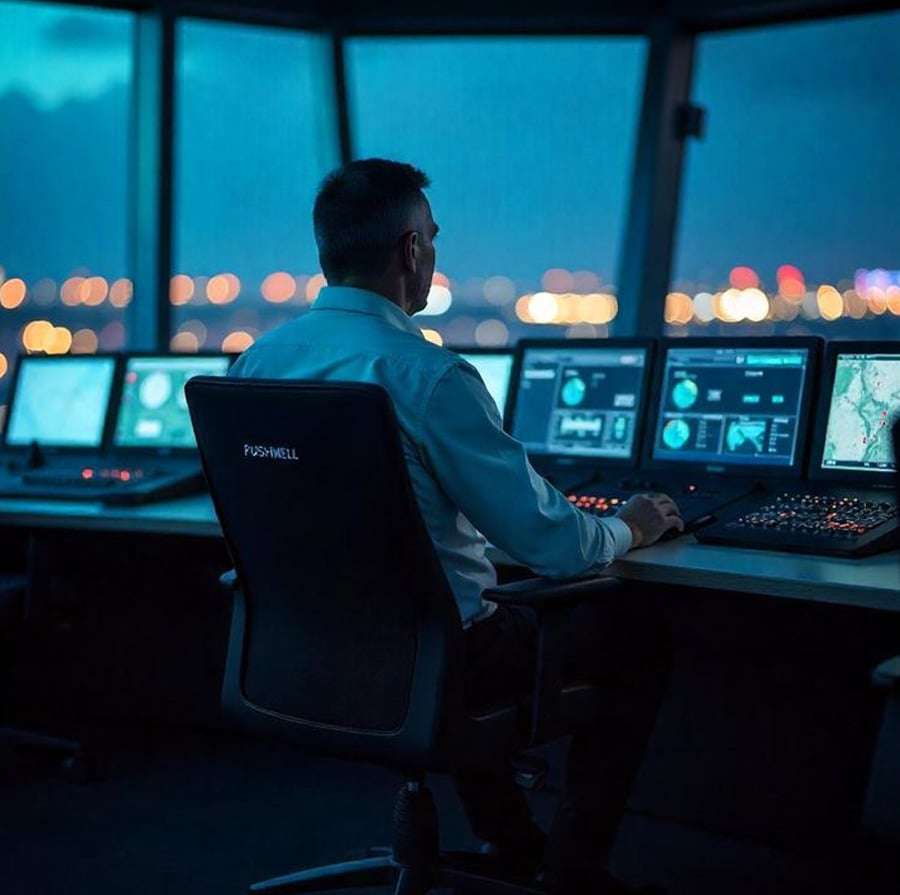 A person sits in a dark control tower, monitoring multiple screens with radar and data displays, overlooking a city with blurred lights visible through large windows.