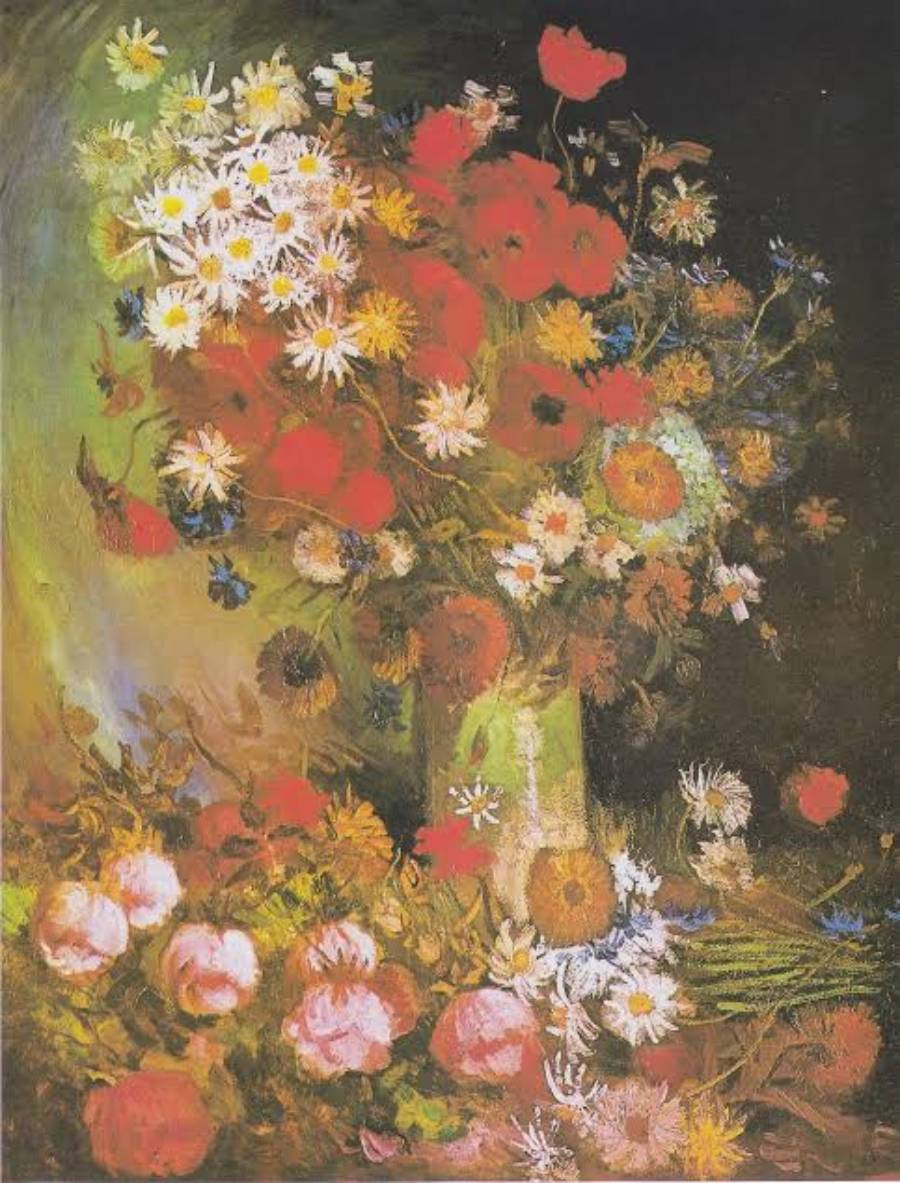 A colorful painting of a glass vase filled with red poppies, white daisies, and other wildflowers, with more flowers lying at the base, all set against a dark, textured background.