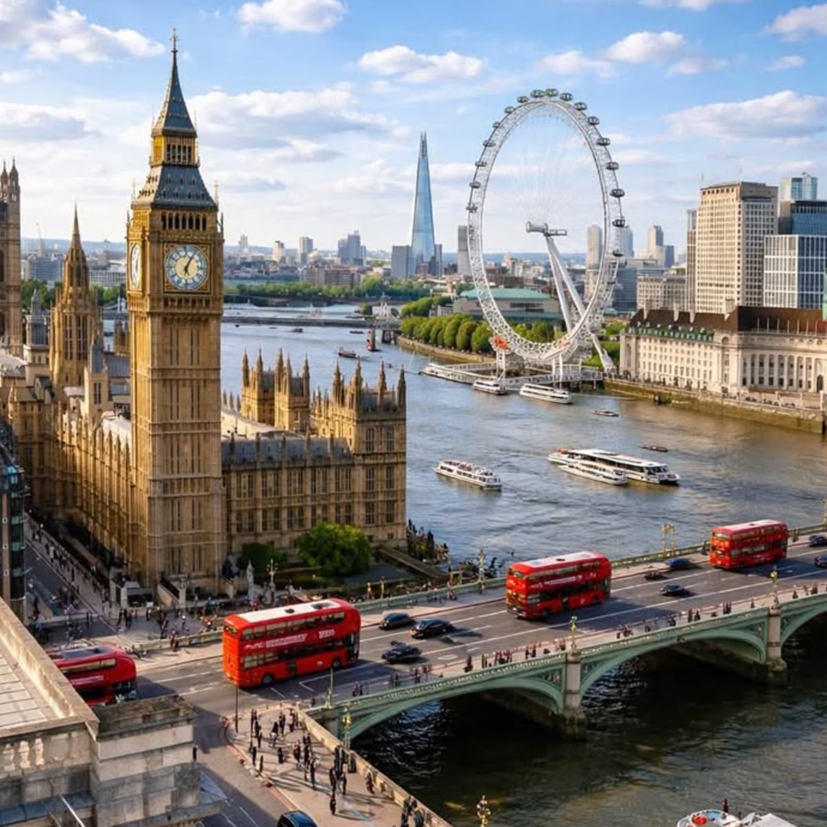 A view of London featuring Big Ben, the Thames River, the London Eye, The Shard, and several red double-decker buses crossing Westminster Bridge on a sunny day.