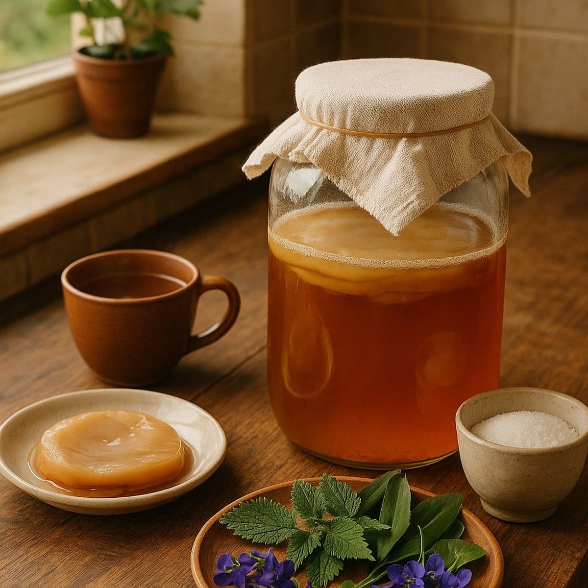 A large glass jar of kombucha with a cloth cover sits on a wooden table, surrounded by a brown cup, a plate with a kombucha SCOBY, a small bowl of sugar, and a plate with green leaves and purple flowers.