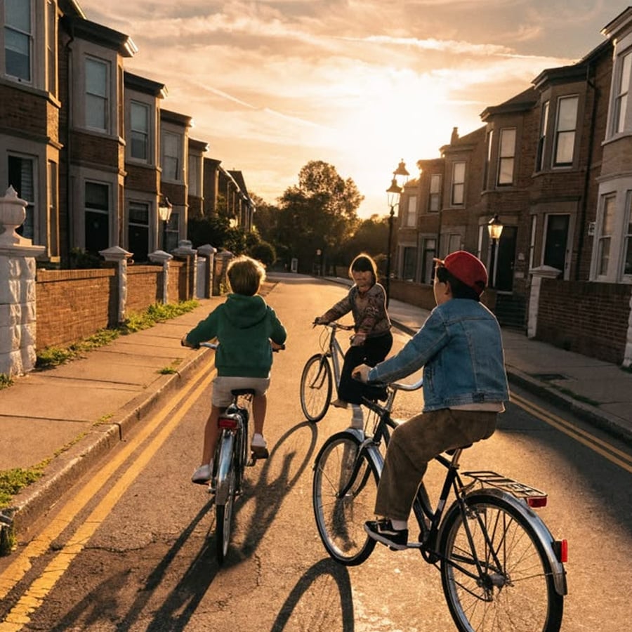 Three children ride bicycles down a quiet residential street at sunset, with rows of houses on either side and warm sunlight casting long shadows on the road.
