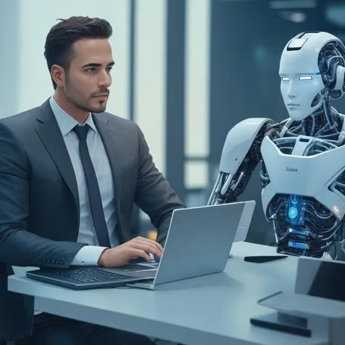 A man in a suit sits at a desk working on a laptop next to a humanoid robot. Both appear focused, suggesting collaboration between human and artificial intelligence in a modern office setting.